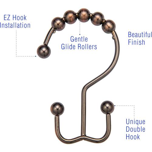 2lbDepot Shower Curtain Rings Hooks - Bronze Finish - Premium 18/8 Stainless Steel - Oil Rubbed Double Hooks with Easy Glide Rollers Rust Resistant - Six Finishes Available - Set of 12 for Shower Rod