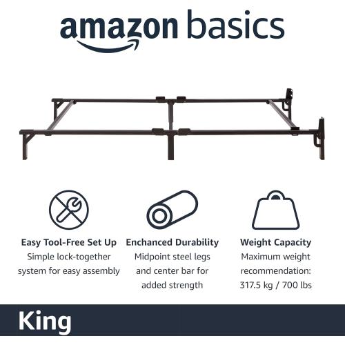 Amazon Basics Metal Bed Frame, 9-Leg Support Base for Box Spring and Mattress, King-Size, Tool-Free Easy Assembly, 79.6 x 76 x 7, Black