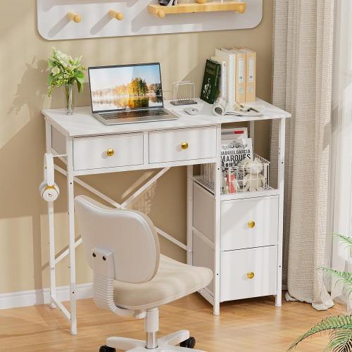 White 33.5Inch Small Computer Desk with 4 Fabric Drawers, Simple Writing Desk for Home Office, Compact Study Desks for Small Spaces, Kids Desk Study for Bedroom, White