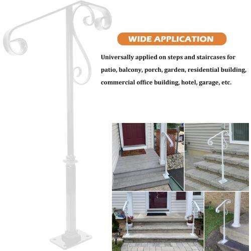 Bonbo Single Post Handrail, Wrought Iron Stair Handrail Fits 1 or 2 Steps, White