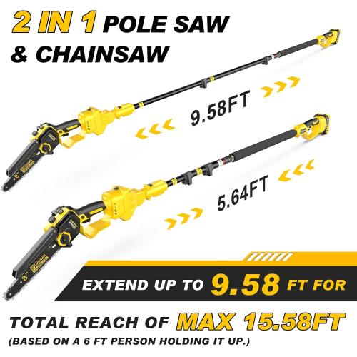 2-in-1 Electric Pole Saws for Tree Trimming,8 Mini Chainsaw Cordless with Extension Pole, 1000W Brushless Motor,Auto Oiling,15.58 FT Max Reach Extension Pole for Outdoors Pruning with 2×Batteries