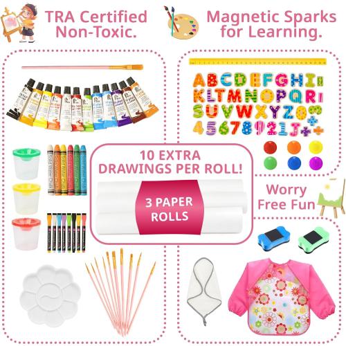 Art Easel for Kids, Kids Art Easel with 3 Paper Roll, Magnetic Whiteboard and Chalkboard,Adjustable Standing Wooden Toddler Easel for Painting Double Sided,3in1 Painting Easel for 2-4 4-8 Pink