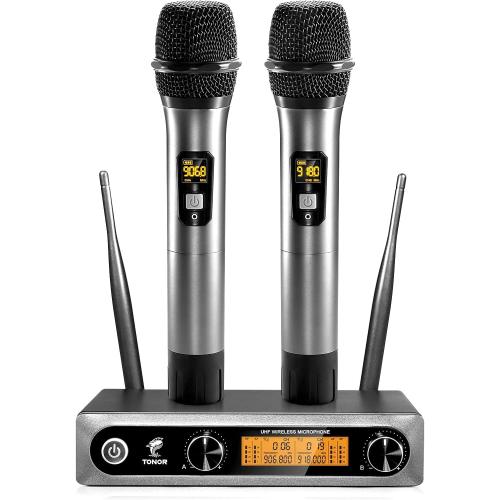 TONOR Wireless Microphones, Metal Dual Professional UHF Cordless Dynamic Mic Handheld Microphone System for Home Karaoke, Meeting, Party, Church, DJ, Wedding, Home KTV Set, 200ft, TW-820 Silver