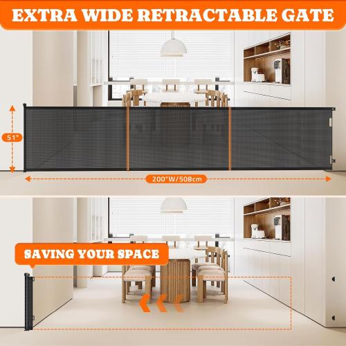 Pawtners Retractable Baby Gates Extra Wide, Dog Gate Indoor with Cat Door for Stairs, Pet Gate with Support Rods for Doorways Hallways Indoor & Outdoor,51 Tall x 200 Wide