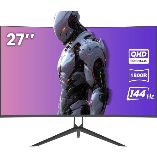 CRUA 27 Curved Gaming Monitor, QHD(2560x1440P) 144Hz/165Hz 99% sRGB Professional Computer Monitors, Support AMD FreeSync, Wall Mountable Installs(HDMI, DP)-Black