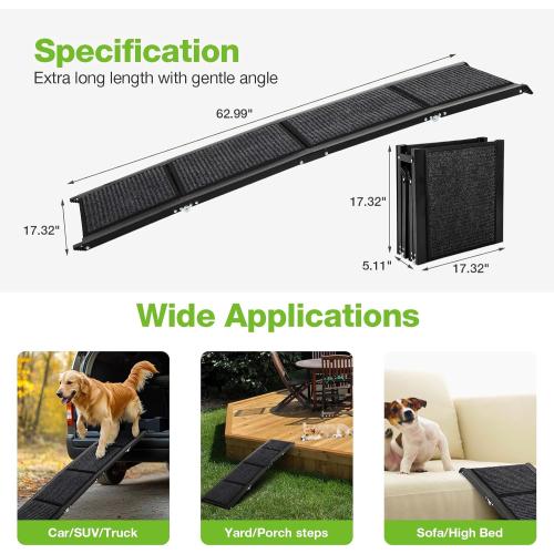 Dog Ramp for Car，63 x 17 Wide Folding Pet Ramp Dog Ramps for Medium & Large Dogs with Non-Slip Rug Surface ，Portable Dog Car Ramp for SUV Car & Truck, Outdoor Dog Ramp Up to 250 LBS