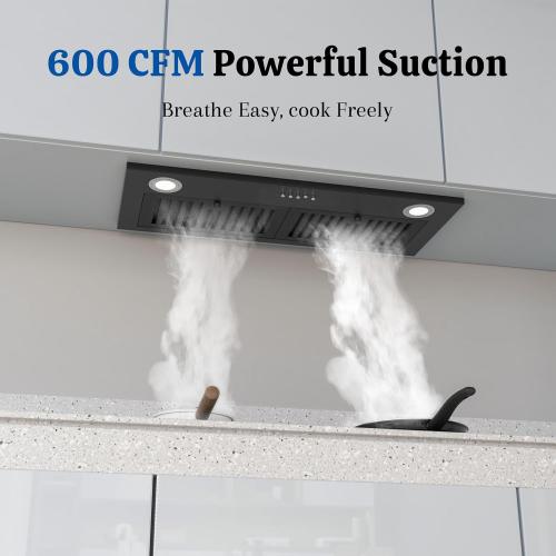 FIREGAS Black Range Hood Insert 30 Inch, 600 CFM Ducted/Ductless Convertible Built-in Kitchen Vent Hood, Stainless Steel Stove Hood with 3 Speed Exhaust Fan & Baffle Filters