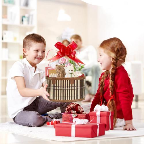 Baskets for Gifts Empty Set of 4, Bamboo Woven Gift Basket with Wrap Bags, Pull Bows, Raffia, Greeting Cards – Gift Basket Making Kit for Birthday, Shower, Housewarming