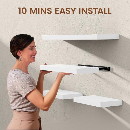 Heimlove Wooden Floating Shelves for Wall, White Pine Shelves Set of 2, 24 in Rustic Wood 8 Inch Deep Floating Shelf with Invisible Brackets for Bedroom Kitchen Living Room - Classic White
