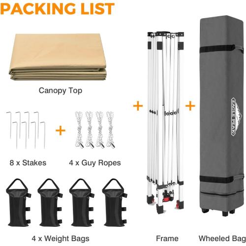 EAGLE PEAK 10x10 Pop Up Canopy Tent Easy Up Canopy Outdoor, Beige | Patented PeakPush™ Center Lock, 1 Person Setup Portable Pop Up Tent, Beach, Markets, Camping Sport Events, Wheeled Carry Bag