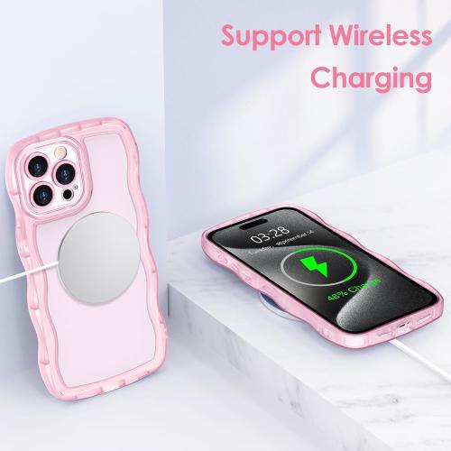 Clear Pink Anuck for iPhone 15 Pro Case Wavy Edge Clear Back Design, Anti-Slip Grip Cute Wave Curly Frame Shape Shockproof Soft TPU & Hard Bumper Protective Phone Case Cover for Women Girls