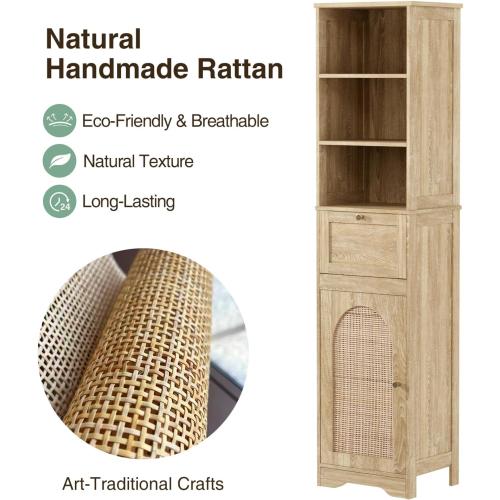 Size 67 H Color  Natural Bathroom Storage Cabinet with Rattan Doors and Slide Storage, Tall Narrow Freestanding Tower Cabinets with Adjustable Shelves for Kitchen, Living Room, Dining Room