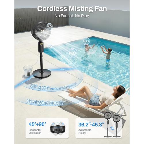 Outdoor Misting Fan with Water Pump, 30000mAh 12-Inch Outside Water Cooling Mister Fan for Patios Bedroom, Portable Standing Oscillating Fan with Mist System, Pedestal Fans with Remote/Spray/Timer