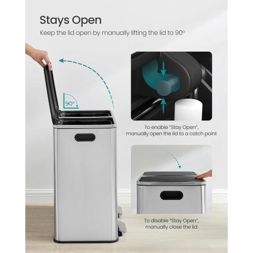 SONGMICS Trash Can, 2 x 10.6 Gallon (2 x 40 L) Garbage Can for Kitchen, with 15 Trash Bags, 2 Compartments, Plastic Inner Buckets and Hinged Lids, Airtight, Silver and Black ULTB730E80