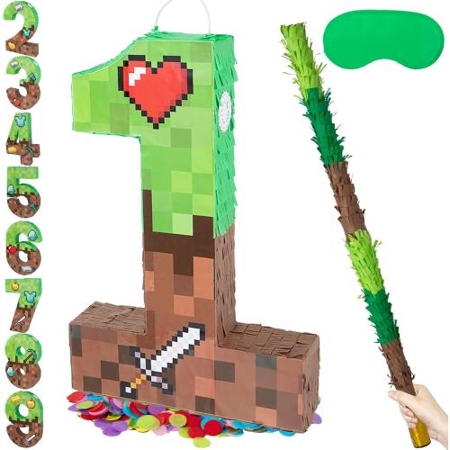 PCFING 20 Inch Pixel Number 1 Piñata with 30 Inch Piñata Stick Blindfold Confetti for Boy Girl Adults Birthday Party Decorations, Anniversary Celebration, Fiesta