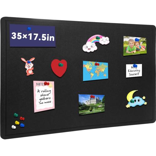 Bulletin Board - 35 x 17.5 inches Decorative Felt Pin Board - Cork Board Alternative for Wall - Foldable Photo Board Self-Adhesive Prayer Board with 20 Pushpins - Black