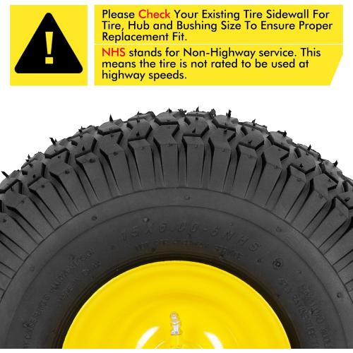2 PCS Exact Replacement 15x6.00-6 Front Tires and Wheel Assembly for John Deere Riding Mowers, Compatible with John Deere 100 and 300 Series, 3 Offset Hub, 3/4 or 5/8 or 1/2 Bushings