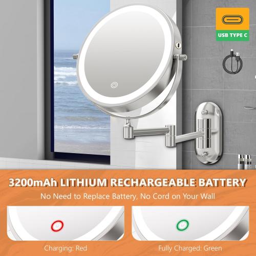Auxmir 1X/30X Wall Mounted Makeup Mirror with Light, 8 Rechargeable Double-Sided Magnifying Mirror, Vanity Mirror Dimmable 3 Color Light, 360° Extension Rotation Foldable 14.5 Inch Arm, Chrome