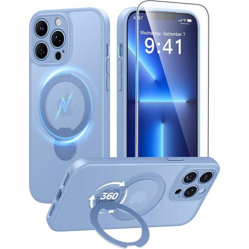FNTCASE for iPhone 13 Pro Max Case with 360 Spin Magnetic Stand Light Blue