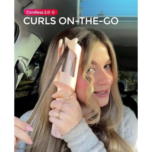 TYMO Cordless Automatic Curling Iron - TYMO CurlGo 1 Inch Beach Waves Rotating Curling Wand, Portable Hair Curlers for Travel, Dual Voltage & Rechargeable Curler for Women, Tangle-Free, Gold Blush