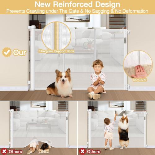 Reinforced 42 Extra Tall Retractable Baby Gates Tall Dog Gate with Support Rods, 55 Wide Mesh Gate Retractable Pet Gate Indoor/Outdoor Baby Gates for Dogs - Bottom Anti-Escape, White