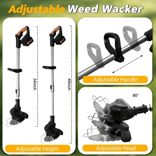 Electric Weed Wacker Cordless, 21V Weed Cordless Eater with 2Pcs 4.0Ah Batteries,3 in 1 Brush Cutter, Lightweight Grass Trimmer/Lawn Edger for Garden Yard (Black)