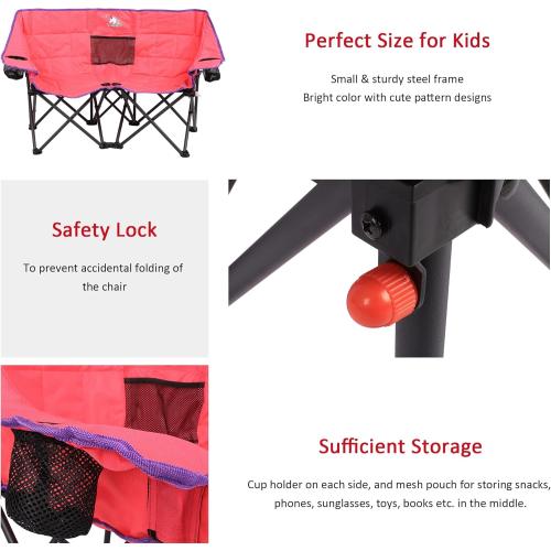 SUNNYFEEL Kids Folding Double Camping Chair, Portable Kids Camping Chairs 2 Seat Chair, Pink Padded Foldable Lawn Chairs with Cup Holder for Beach/Outdoor/Travel/Picnic, Foldable Camp Chairs 2 Person