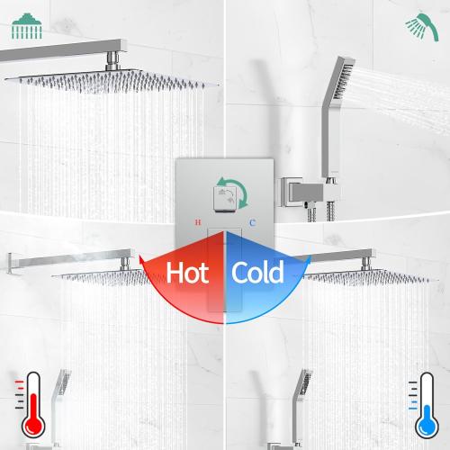 SR SUN RISE SRSH-D1203 12 Inches Bathroom Luxury Rain Mixer Shower Combo Set Wall Mounted Rainfall Shower Head System Polished Chrome Shower Faucet Rough-in Valve Body and Trim Included