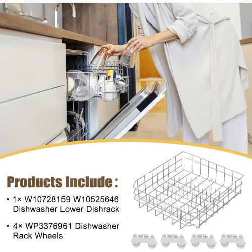 UPGRADED W10728159 W10525646 Dishwasher Lower Rack Replacement Compatible with Whirlpool Dishwasher Rack, Replace W10315890 W10078180 Kitchenaid Kenmore Elite Dishwasher Bottom Rack & WP3376961 wheels