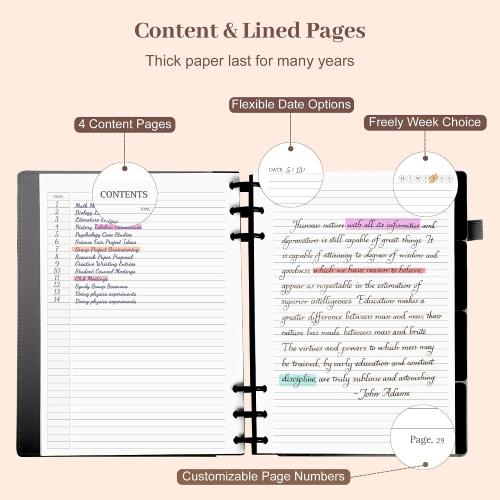 Yoment Leather Notebooks for Work Refillable 224 Page Lined Journal for Men, 100 GSM Thick 5 Subject Notebook with Removable Dividers Tabs Hardcover Notebook for School Note Taking 6.1 x 8.3,Black