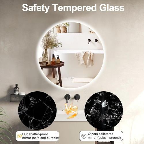 32 Inch Round LED Bathroom Mirror Backlit Anti-Fog Wall Mounted Lighted Bathroom Vanity Mirror 3 Colors Light Dimmable Smart Makeup Mirror with Touch Switch