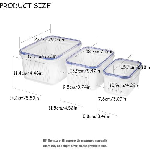 Fruit and Vegetable Storage Containers for Fridge, 6 Pcs/3 Sets Keep Fresh Produce Saver Containers Keeper, Food Storage Containers with Removable Colander (blue)