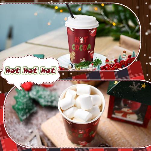 50 Set Christmas Hot Cocoa Paper Cups 12 oz Christmas Disposable Coffee Cups with Lids Straw Holiday Cup Bulk for Cocoa Hot Chocolate Bar Supplies for Beverage Ice Cream Coffee Party Decor