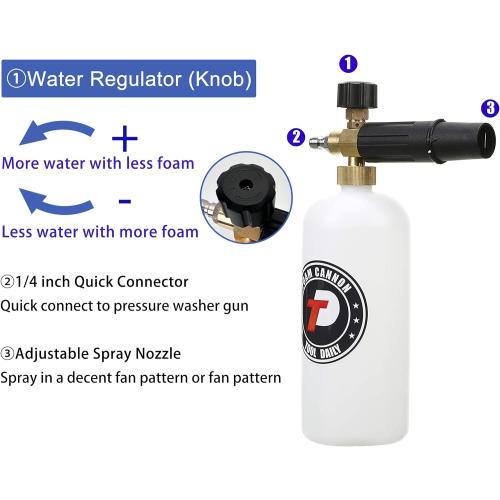 Tool Daily Short Pressure Washer Gun with Foam Cannon, 1/4 Inch Quick Connector, with 5 Pressure Washer Nozzle Tips, 1 Liter