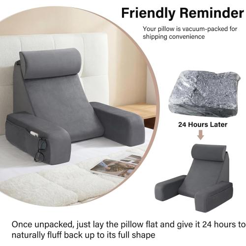 ENITYA 19 Back Support Pillow,Reading Pillow with Attached Arms & Large Pockets, Removable Washable Cover, Wedge for Sitting,Reclining,Watching TV,Post Surgery in Bed,Couch or Floor,Medium Firm,Grey