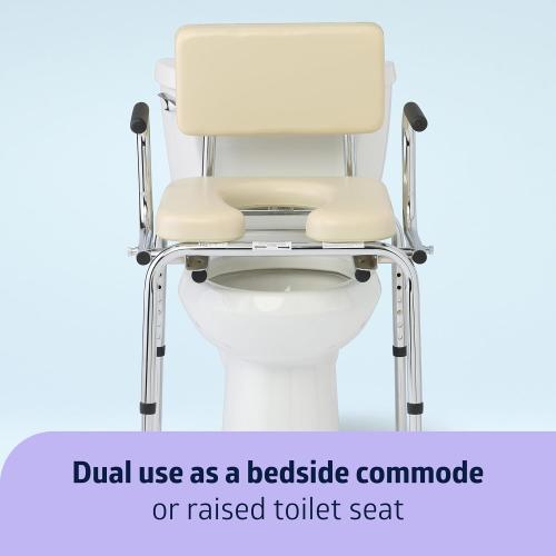 Medline Drop Arm Commode with Padded Seat and Backrest, Durable Toilet Chair for Adults and Seniors, Removable Pail, Splash Guard, Drop Down Arms for Easy Transfer, 350 lb. Weight Capacity, Tan ( used see the pictures )