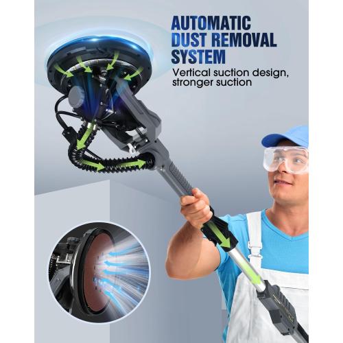 Size 4.8FT to 5.6FT Drywall Sander, MYTOL 7.2A Electric Wall Sander with Vacuum Dust Collection, 6 Adjustable Speeds 900-1800RPM, LED Light, Extendable Handle, Foldable Electric Drywall Sanders 12Pcs Sanding discs-Grey