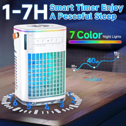 FANCOLE 4-IN-1 Small Air Conditioner w/ 2 Ice Packs, 16.5ft Remote, 1200ML Tank, 7H Smart Timer, 3Speed & 2Cool Mist Personal Air Conditioner, 7-Color Light Portable AC Unit for Bedroom Cover 100Sq.ft