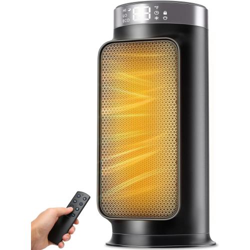 1500W PTC Quiet Space Heater with Remote Control, 15.8“ Portable Electric Heaters for Indoor Use, 75°Oscillation Ceramic Heater for Office, 24H Timer, 5 Modes, Fast Safe Quiet Room Heater for Bedroom