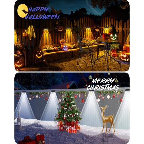 Solar Fence Lights Outdoor 8 Pack Waterproof High Brightness Upgraded 3 LED Lens Solor Deck Lights Warm & Cool White RGB 10 Colors Outside Solar Powered Wall Light for Backyard Patio Step Railing