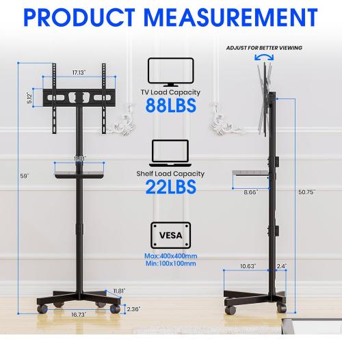 Mobile TV Stand for 23-60 Inch LCD LED OLED Flat Panel Curved Screen TVs up to 88 lbs, Tilt and Height Adjustable, Locking Rolling Wheels TV Cart with Shelf, Max VESA 400x400mm, Black
