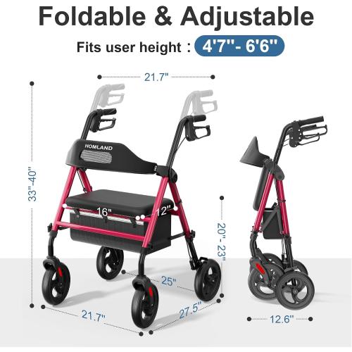 HOMLAND Foldable Rollator Walkers with Seat for Seniors, 8'' Big Wheels, 350 lb. Weight Capacity, Adjustable Handles and Seat Height, Lightweight Rolling Walker, Red