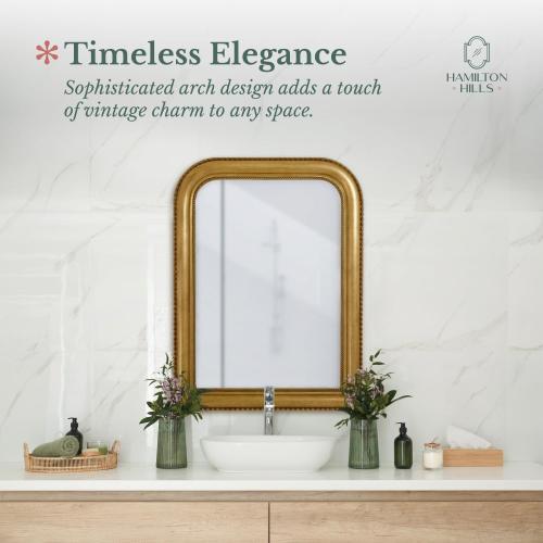 Hamilton Hills 20 x 30 Classic Gold Framed Rich Framed Top Round Corner Mirror - Thick Arched Top Rich Wall Mirror - Vanity for Bathroom Decor, Bedroom, Living Room - Hangs Horizontal or Vertical