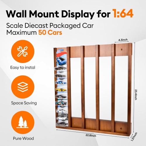 Storage Case Compatible with Hot Packaged Wheels Cars, Solid Wood Wall Mount Display Case for Diecast Cars, Toy Cars Organizer Holds Up to 50 (Upgrade One-Pack)
