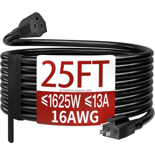 16/3 25 FT Outdoor Extension Cord Waterproof, Weatherproof & Flame Retardant Black 3 Prong Power Cord Outside for Lawn & Garden, 13 Amps 1625 Watts 125 VAC 16AWG SJTW, ETL Listed