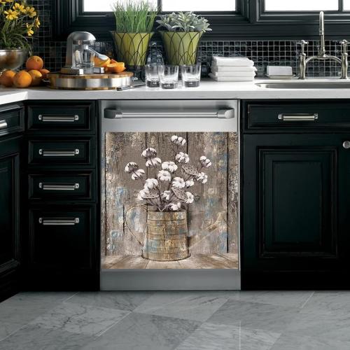 Vintage Wood Dishwasher Cover Kitchen Decorative,Rustic Wooden Dishwasher Magnet Cover Decor Cotton Flower Sticker,Retro Farm Floral Dishwasher Decal Home Appliance Panel Stickers 23x26