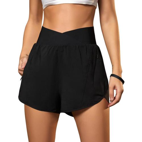 Blooming Jelly Women's Workout Shorts Athletic Running Shorts Crossover High Waisted Gym Shorts with Zipper Pockets