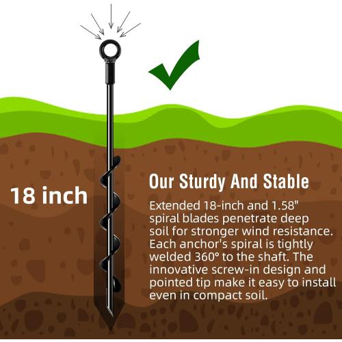 Fabulas Ground Anchors Screw in, 18 Inch 4 Pack Spiral Swing Set Trampoline Earth Anchor Heavy Duty Metal Auger Stakes Kit for Shed Tent Tree Dog High Wind Carports Camping Mobile Home Greenhouse