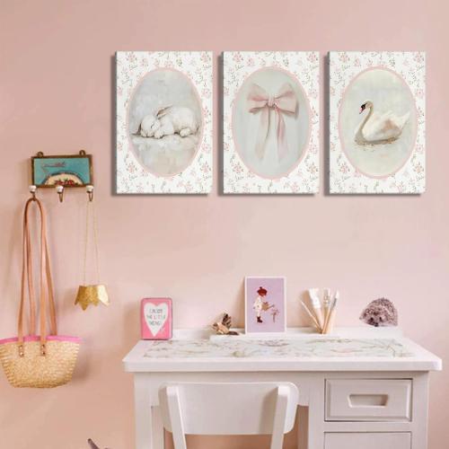 3Pcs Pink Vintage Nursery Canvas Wall Art Cute Animal Rabbit Swan Bow Flower Posters Prints Baby Girl Room Picture Wall Decor for Girls Room Bedroom Decorations Ready To Hang