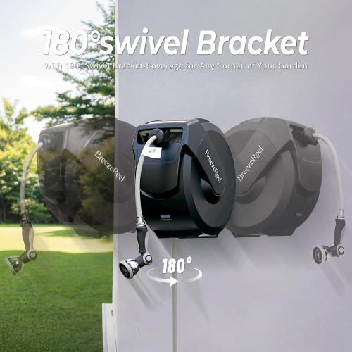 Retractable Garden Hose Reel 1/2 inch x 100ft, 3-Ply Reinforced Heavy Duty, Any Length Lock, 180° Swivel Bracket, Slow Return, Auto-Layering, 10 Spray Patterns for Outdoor Watering